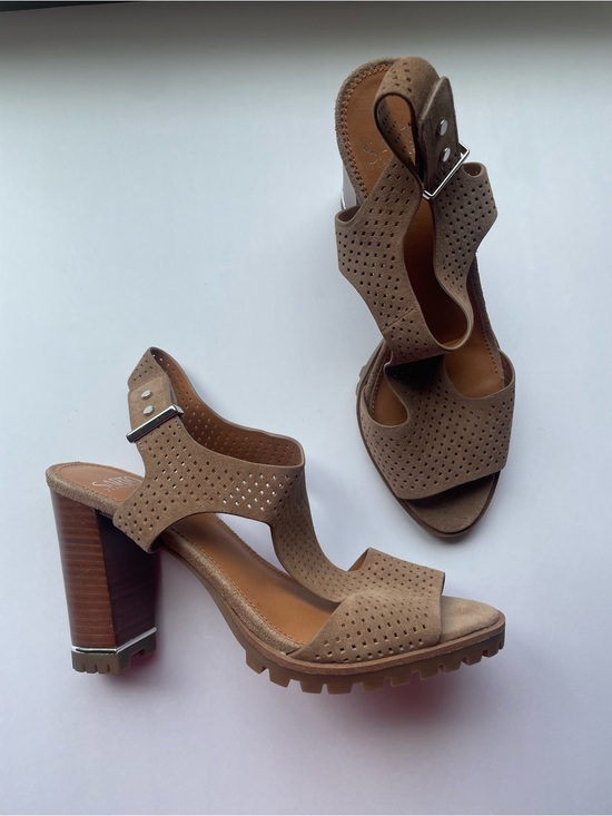 SARTO By Franco Sarto Shoes - SARTO By Franco Sarto Tan Perforated Suede Block Heel Sandals